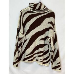 POL Women’s Medium Brown White Striped Textured Turtleneck Long Sleeve Sweater
